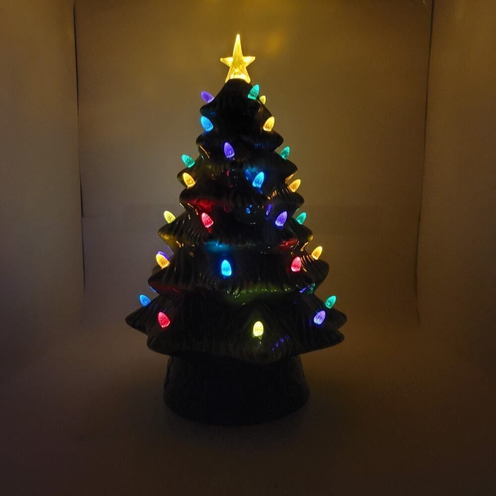 Mr. Christmas Ceramic Retro Nostalgic‎ Large 16" Tree Green Light Up LED Bulbs
